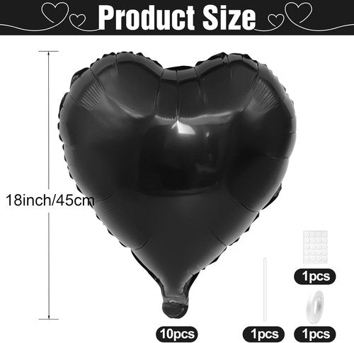 Black Heart | 10 Pcs Black Foil Heart Balloons - 18 Inch Helium Polyester Film for Valentine's & Weddings