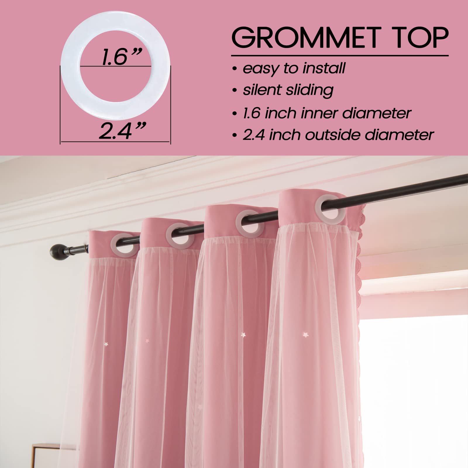 LUGOTAL Pink Curtains for Girls Bedroom Kids Baby Room Decor Cute Double Layer Star Cutout Curtains Room Darkening Window Curtain for Nursery (Pink, 42W x 84L,2 Panels)