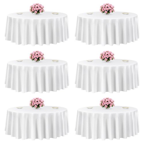 VEVOR White Round Tablecloths 6 Pack, 120 Inches in Diameter, Stain- & Wrinkle- Resistant, Machine Washable Table Clothes, Polyester Fabric Table Covers for Wedding, Party, Banquet, Formal Events