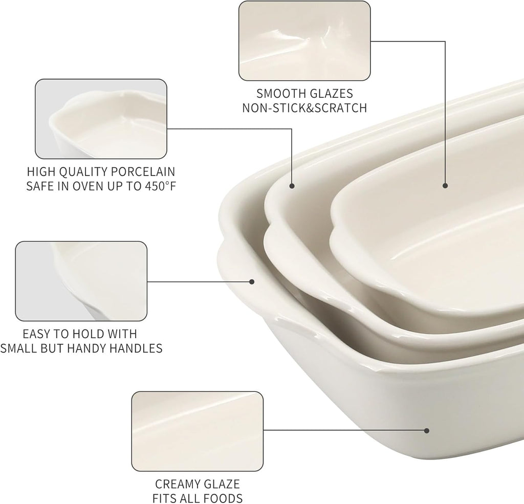 Skiennix 3-Pack Ceramic Baking Dishes Set - Heavy-Duty Oven-Safe Stoneware for Lasagna & Baking | High Heat Resistant, Handcrafted Glazed Finish (13.8''/12''/9.6'' Pure Off-White)