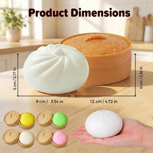 Dumpling Squishies | Stress Relief Balls - Handmade Fidget Toys with Steamer Case, Soft TPR Big Bun (Pink)