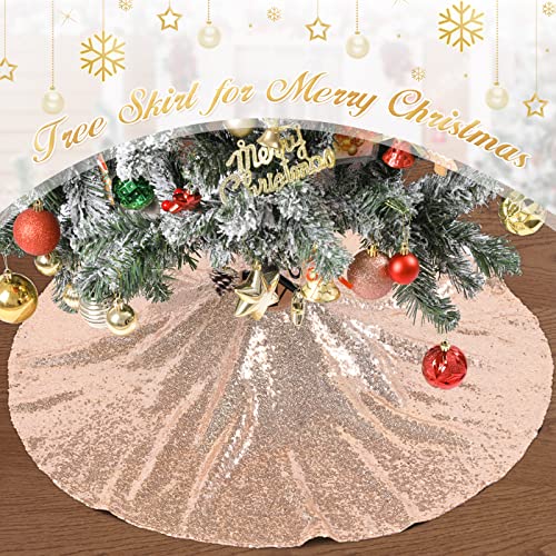 36-Inch Rose Gold Sequin Christmas Tree Skirt with Satin Mesh - Holiday Decor