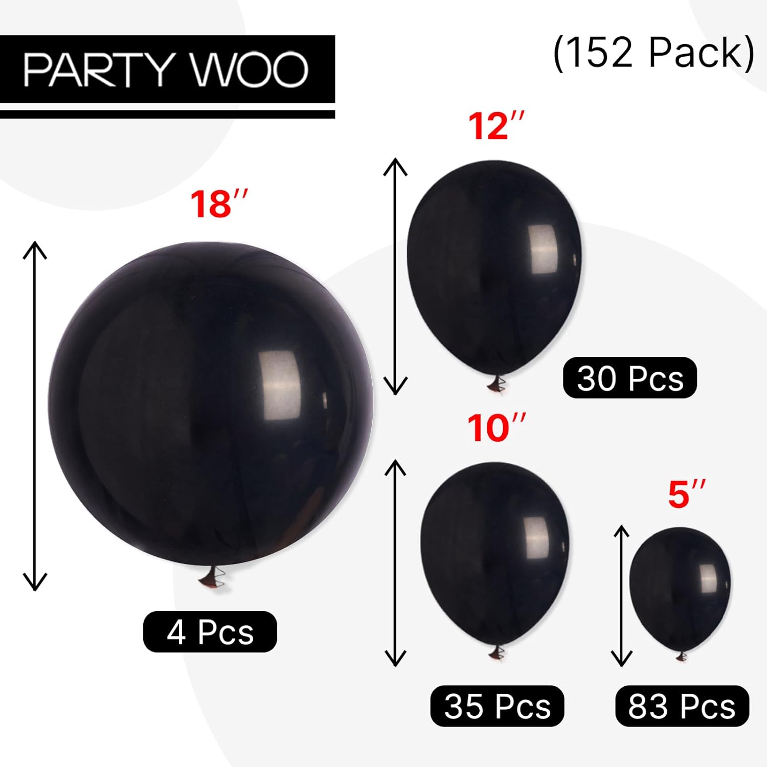 PartyWoo Black Balloons - 152-Piece Arch Kit with Various Sizes for Baby Showers, Birthdays & Anniversaries
