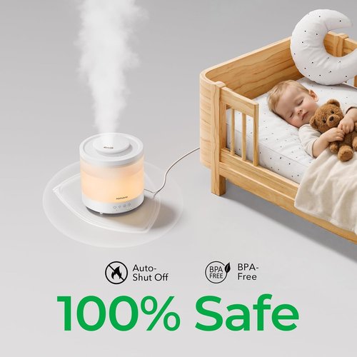 Homvana Small Humidifiers - 1.5L Cool Mist Top Fill Diffuser for Baby Nursery | 3-in-1 with 7 Color Lights