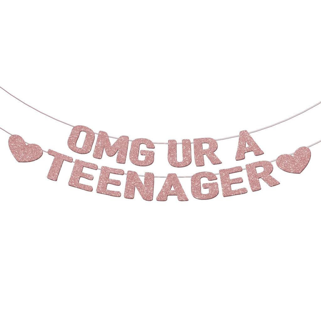 OMG UR A TEENAGER Banner – 13th Birthday Decorations for Girls, Rose Gold Glitter Happy 13th Bday Party Decor, Pre-Strung Teen Girl Birthday Decorations for 13 Year Old Girl