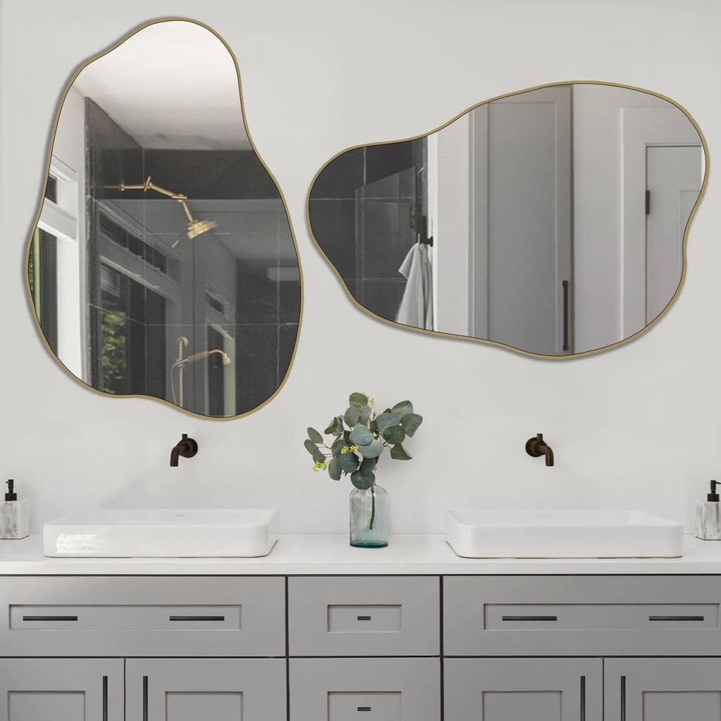 POZINO Gold Irregular Mirror, 30"x20.5" Cloud Shaped Mirrors, Asymmetrical Wall Mirror, Modern Abstract Frameless Mirrors for Living Room Bathroom Bedroom Entryway, Hangs Vertically or Horizontally