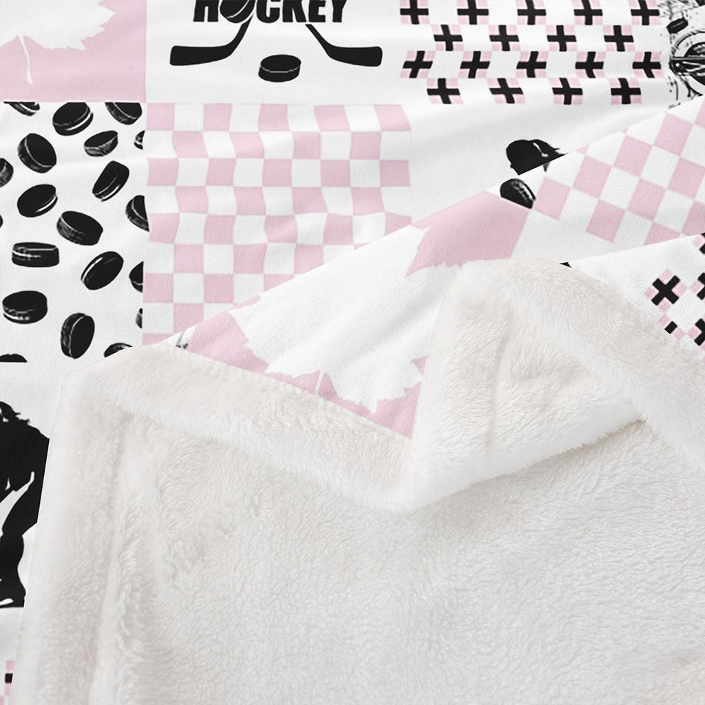 Erosebridal Ice Hockey Twin Size Fleece Blanket for Girls, Puck Sports Games Fuzzy Blankets for Kids Teens Bedroom, Hockey Player Throw Blanket Plaid Patchwork Blankets, Pink White Black