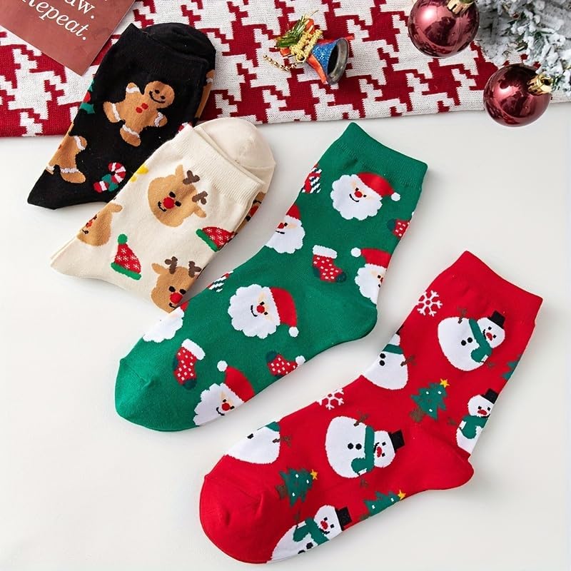 Skiennix Funny Socks - Cozy Cute Printed Santa Design - 4 Pairs for Women & Men