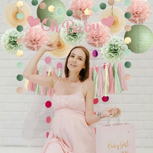 Sage Green and Blush Pink Baby Shower Decorations Oh Baby Shower Decorations for Girl Dusty Rose and Sage Green Beige Boho Pastel Dusty Pink Party Decorations with Cream Tassel Garland