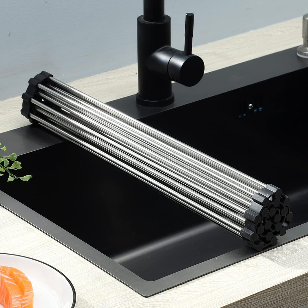 Skiennix Roll-Up Dish Drying Rack - 304 Stainless Steel, Foldable & Space-Saving | 17" x 13.5" - Black