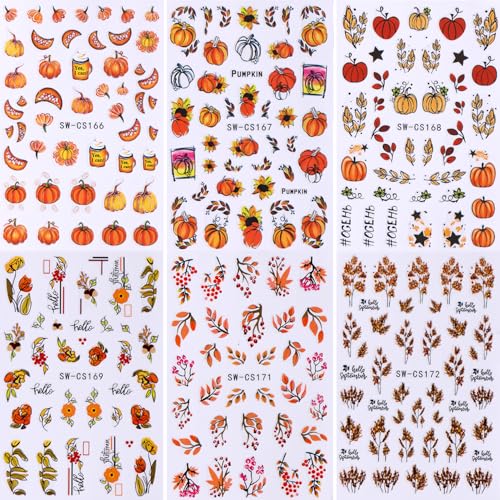 LYLYNB Fall Nail Stickers 6 Sheets Thanksgiving Pumpkin Maple Leaves Decals