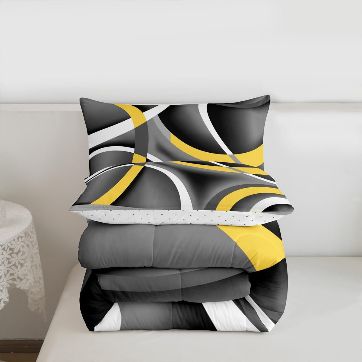 Castle Fairy Retro Circle Comforter Set Queen Size Yellow Gray Black Bedding Set for Kids Boys Girls Bedroom Decoration Stripe Line Art Bed Duvet Insert Geometric Modern Comforter with 2 Pillowcase
