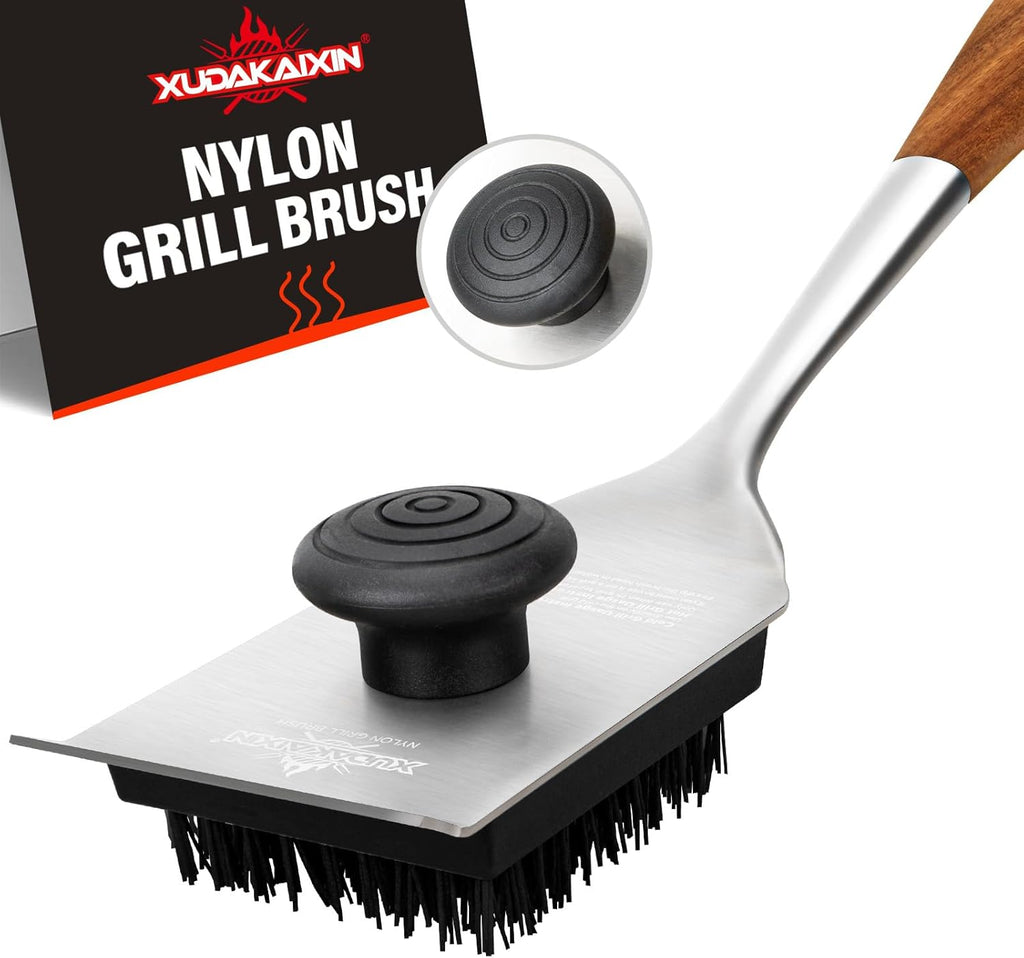 XUDAKAIXIN Nylon Grill Brush - Dual Grip Design with Luxurious Acacia Wood Handle | Safe for Barbecue Grates (Black)