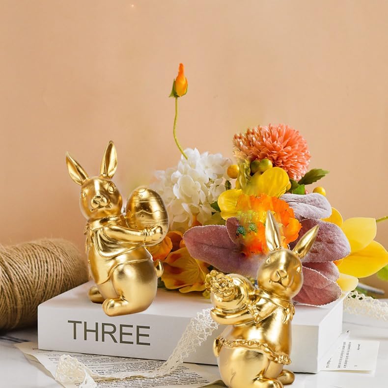 Steviieden Bunny Decor Set of 2 - Cute Gold Rabbit Figurines for Spring Easter Home Decorations