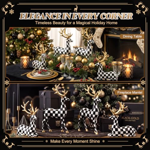 Black White Christmas Reindeer Figurines Set - Indoor Resin Deer Decor