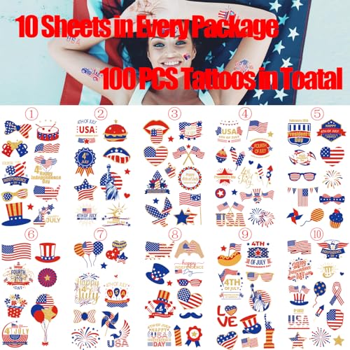 100 PCS 4th of July Temporary Tattoos Patriotic Stickers Party Favors