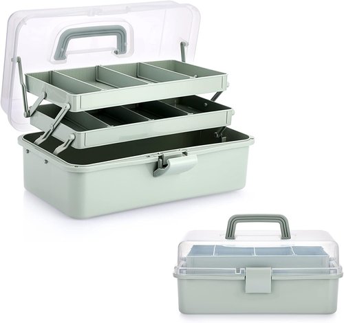 BTSKY Craft Organizer - 3-Layer Plastic Storage Box with Adjustable Spacers | Portable Haze Green Art Supply Box