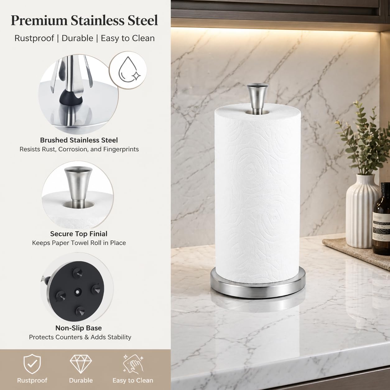 Paper Towel Holder Countertop with Suction Cups - Heavy Duty (2.9 lbs) Stainless Steel Paper Towel Dispenser, One-Hand Tear for Kitchen, Fits Standard & Mega Rolls