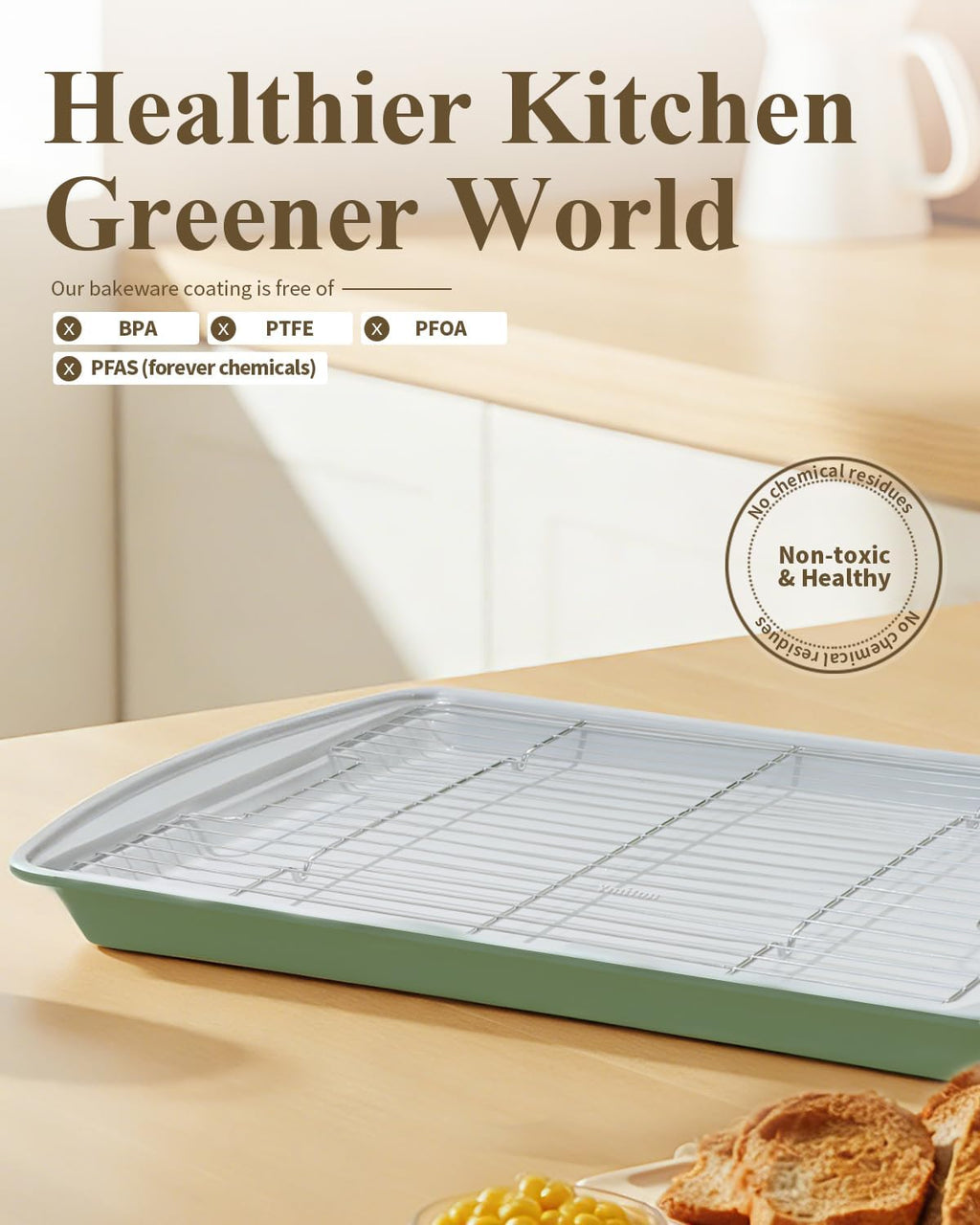 Nonstick Crisp Baking Tray - Ceramic Coating Jelly Roll Cookie Sheet Pan | 15x10, PTFE & PFOA Free, Oven Safe 550°F, Dishwasher Safe, Pistachio Green