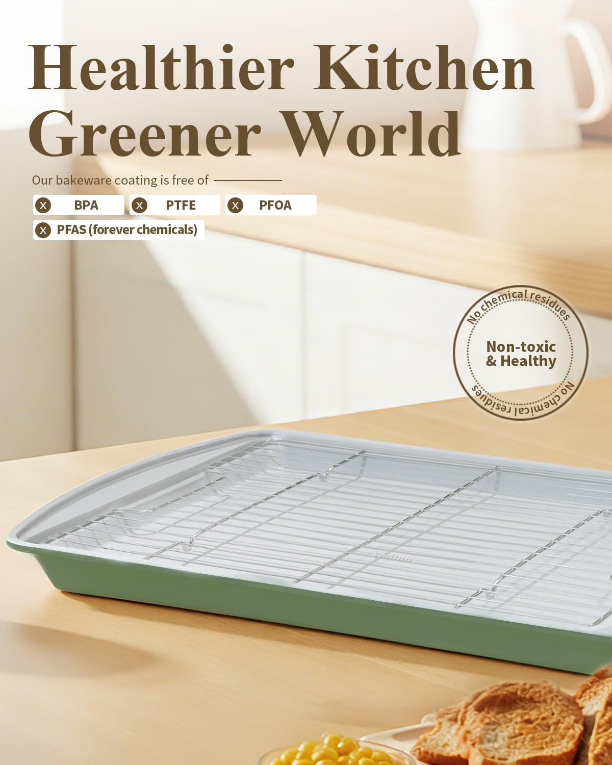 Nonstick Crisp Baking Tray - Ceramic Coating Jelly Roll Cookie Sheet Pan | 15x10, PTFE & PFOA Free, Oven Safe 550°F, Dishwasher Safe, Pistachio Green