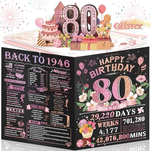3D Pink Pop-Up 80th Birthday Card for Women - Aiunmiol
