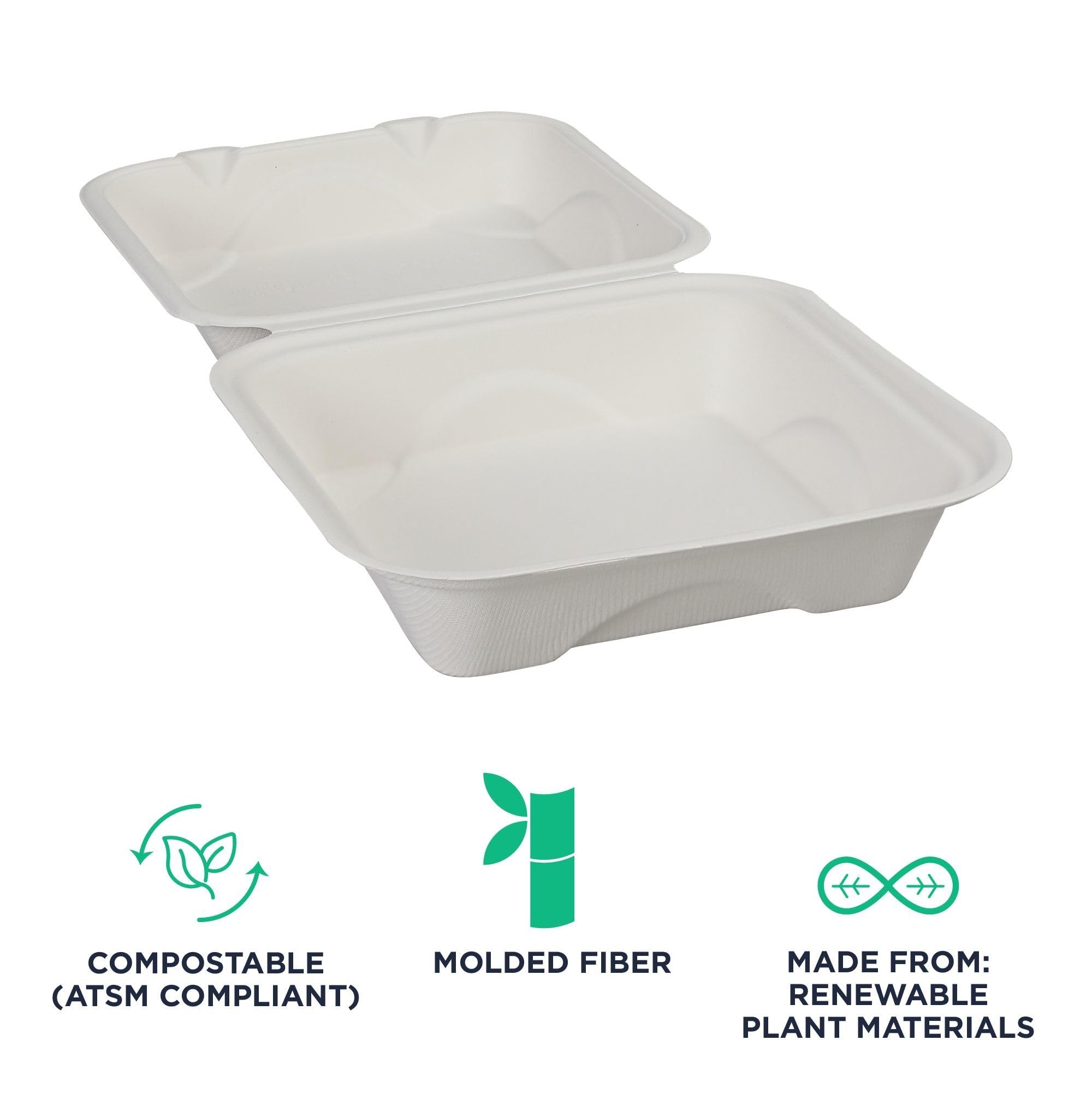 ECO PRODUCTS Compostable 8" Clamshell To Go Containers, Case of 200, Square Take Out Food Box, White Renewable Molded Fiber, Microwaveable & Freezable, Grease & Cut Resistant, ASTM Compliant