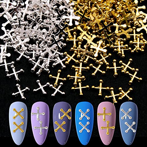 WOKOTO 100pcs Gold & Silver Gothic Cross Nail Charms 3D Metal Art Studs