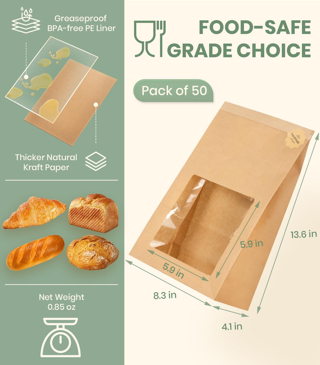 Perenllareta 50 Pack Heavy Duty Sourdough Paper Bags Resealable with Window for Round Loaf Selling | Large Thick Kraft Brown Bags for Homemade Bread Gift Giving Sour Dough Packaging 13.6x8.3x4.1in