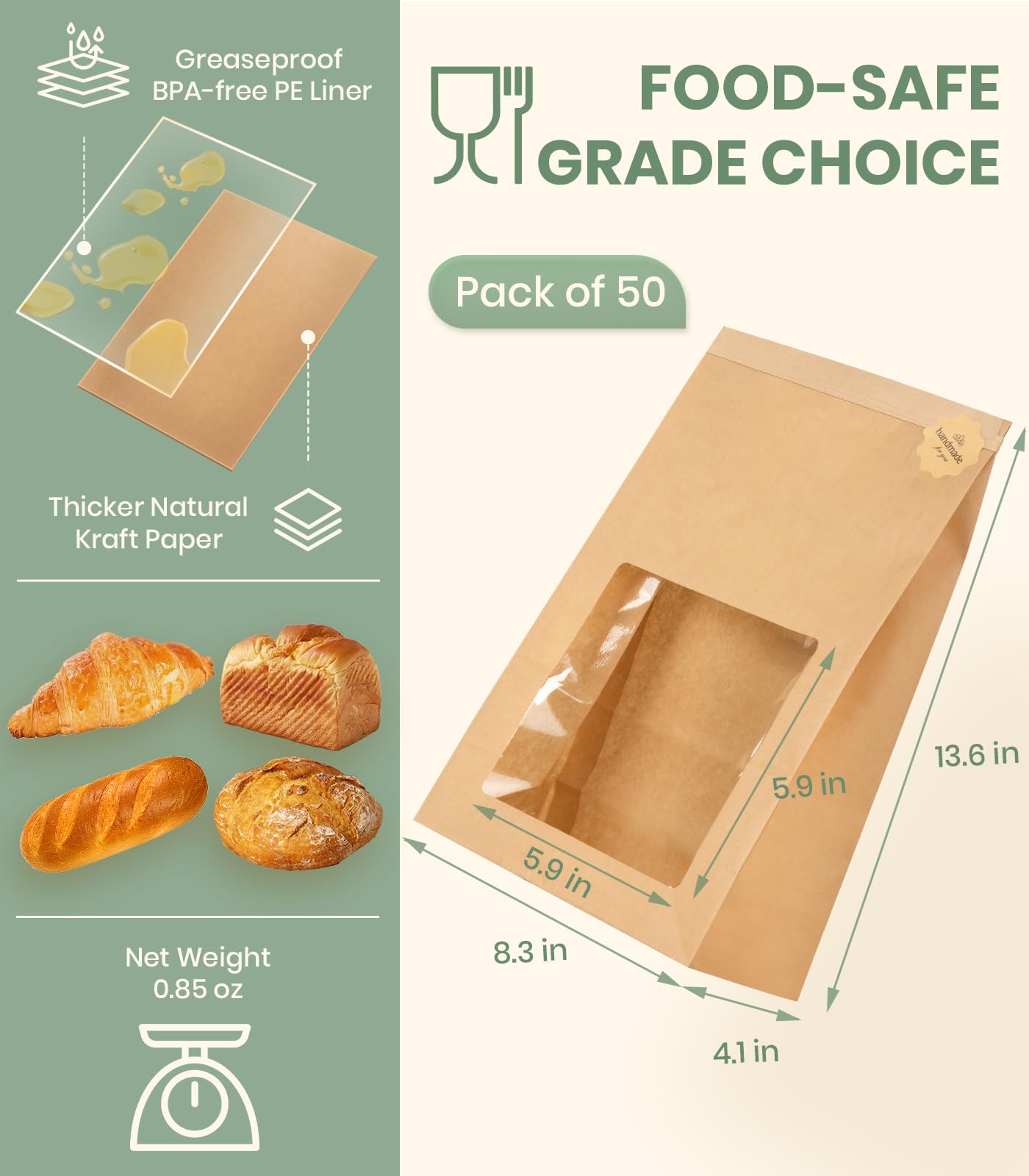 Perenllareta 50 Pack Heavy Duty Sourdough Paper Bags Resealable with Window for Round Loaf Selling | Large Thick Kraft Brown Bags for Homemade Bread Gift Giving Sour Dough Packaging 13.6x8.3x4.1in