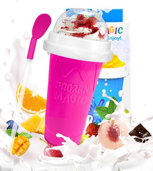 DIY Magic Slushy Maker Cup - Portable Slushy Cup for Juices & Ice Cream | Double-Layer Silica with Lid & Straw (Pink)