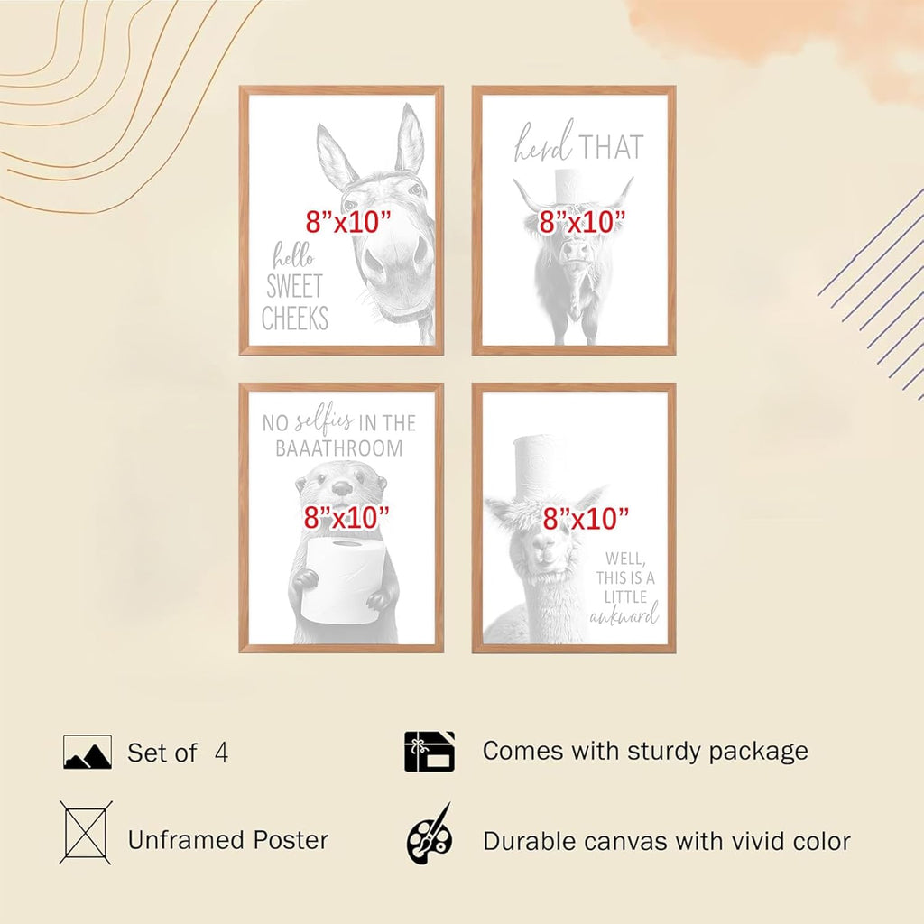 Regine Switzerland Funny Bathroom Wall Art - Rustic Black and White Animal Prints | Unframed 8x10 Inch Set of 4