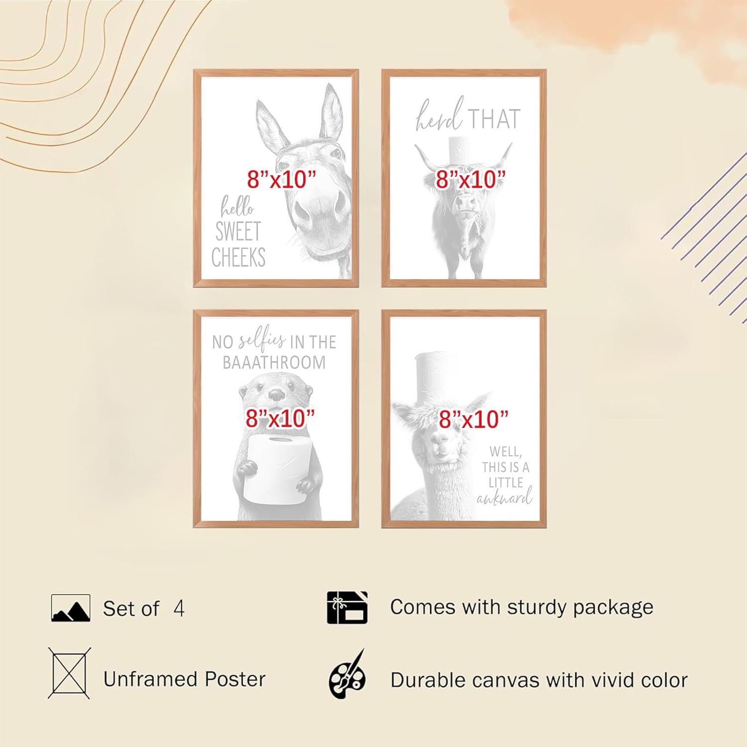 Regine Switzerland Funny Bathroom Wall Art - Rustic Black and White Animal Prints | Unframed 8x10 Inch Set of 4