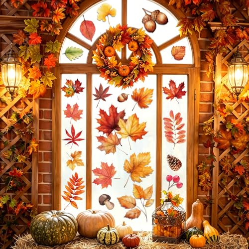 Fall Leaf Window Clings - 102 PCS Autumn Thanksgiving Stickers