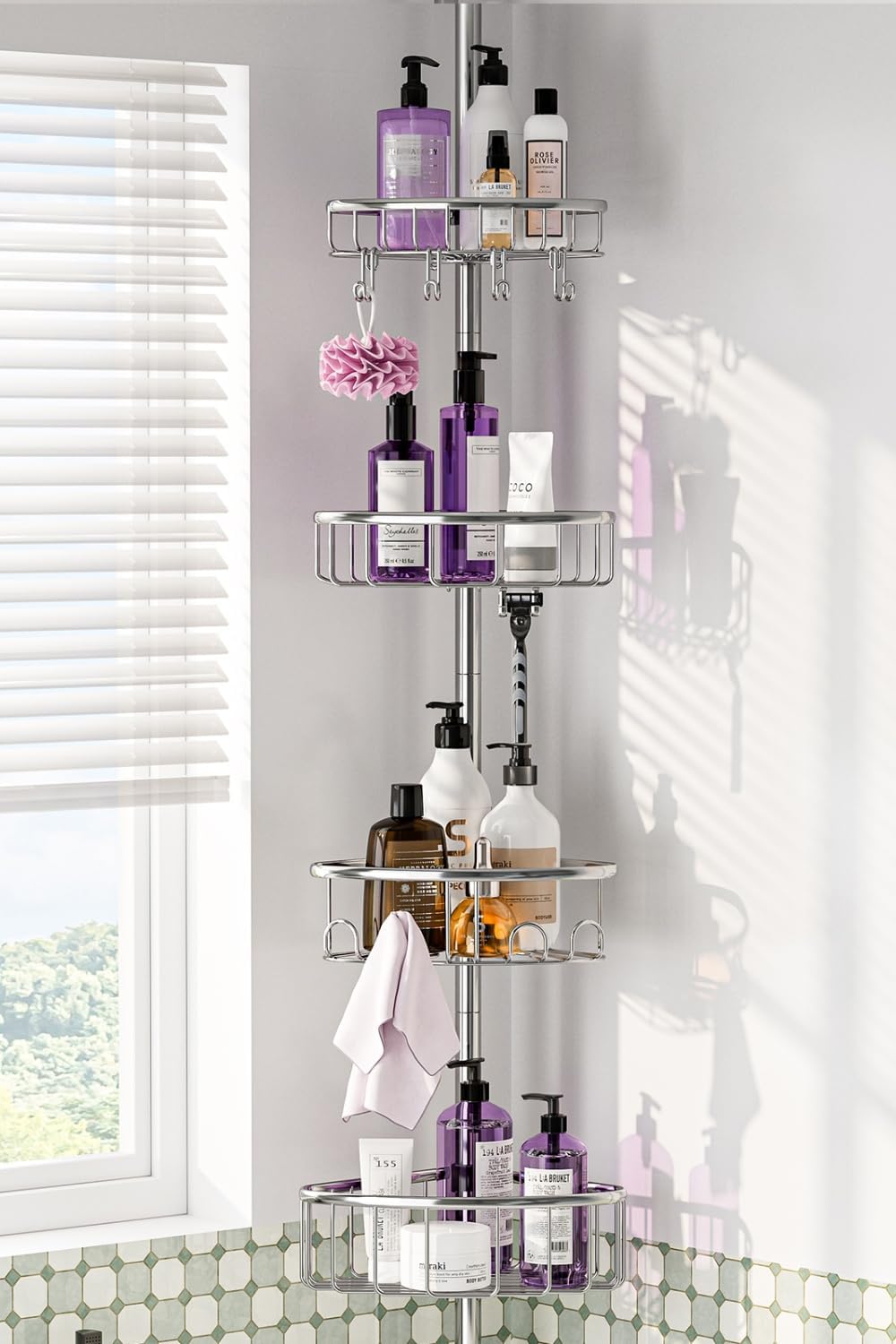 Skiennix Corner Shower Caddy Tension Pole - Rustproof 4-Tier Organizer | Adjustable 47-121 Inch Silver Shelves for Shampoo Storage