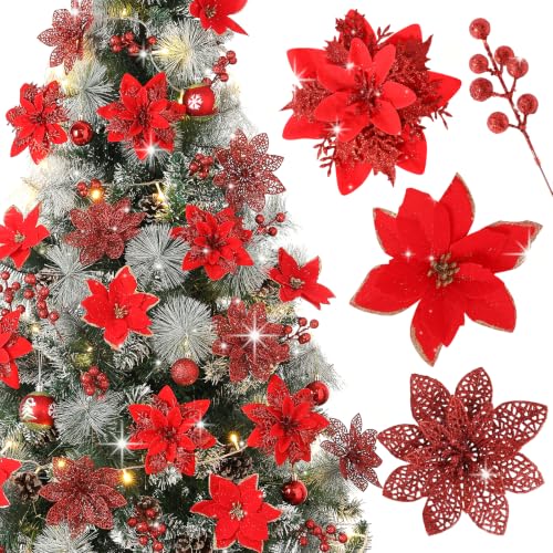 Artificial Christmas Poinsettia Flowers Set - 30 Pcs, Red, 3 Styles with Holly Berry Stems and Clips