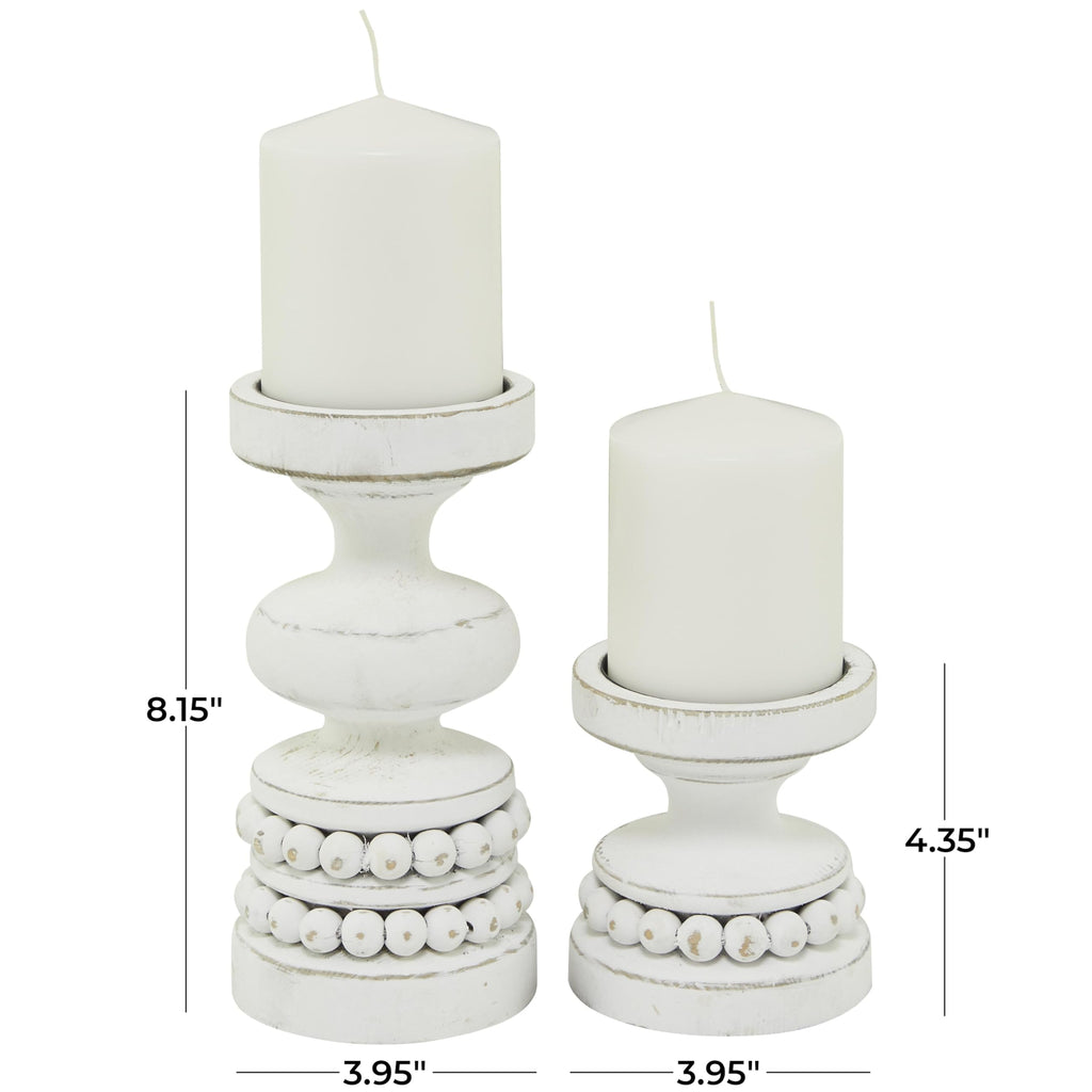 Deco 79 Wood Decorative Candle Holder Beaded Pillar Candle Stand, Set of 2 Candlestick Holder 8", 4"H, White