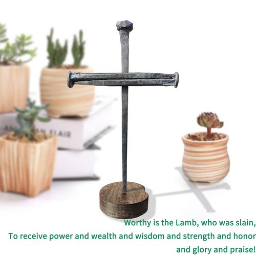 annrose Passion of Jesus Christ Crucifixion Nail Metal Cross,Jesus Christ Tabletop Crucifix,Ordination Gifts,Religious Gifts for Men Women (Solid Wood Base)