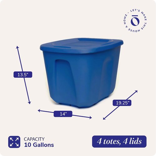 HOMZ 10 Gallon Durable Molded Storage Bins - Stackable Plastic Containers with Lids, Blue