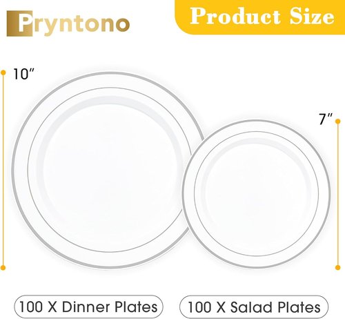 Elegant Disposable Party Plates - 200PCS Silver Rimmed Dinner & Dessert Plates Set