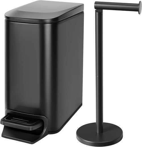 Cesun Bathroom Essentials Bundle - 1.6 Gallon Soft Close Trash Can & Toilet Paper Holder Stand | Matte Black Stainless Steel