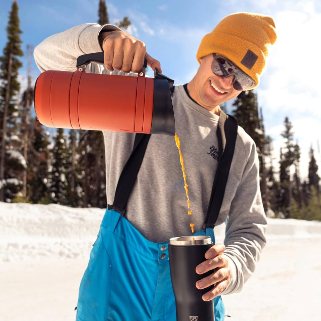 BruTrek® by Planetary Design BaseCamp Coffee Press - Double Wall Insulated Stainless Steel - Bru-Stop Technology, No Grounds in Coffee, No Spill Lid (Red Rock, 32 fl.oz)