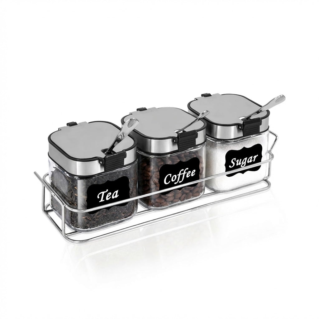 Aelga Glass Sugar Canister Set with Lid, Spoons and Rack, 3 Pack Sugar Container for Coffee Bar, Stainless Steel Flip-Top Lid, Salt and Spice Jar for Kitchen Countertop, Coffee Bar Accessories