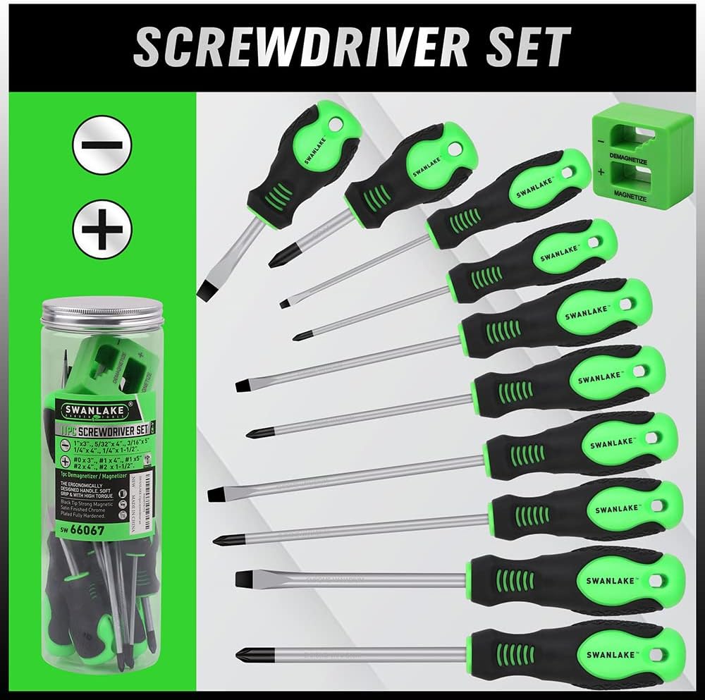 SWANLAKE 11PCS Screwdriver Set - Magnetic Phillips & Flat Head Tips for Quick Fastening & Loosening