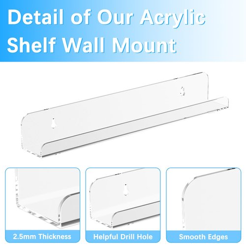 6 Pack Vinyl Record Shelf Wall Mount, 12 inch Record Holder for Storage & Display, Clear Floating Shelf for Kids Bookshelf, Magazine Rack, Picture Ledge