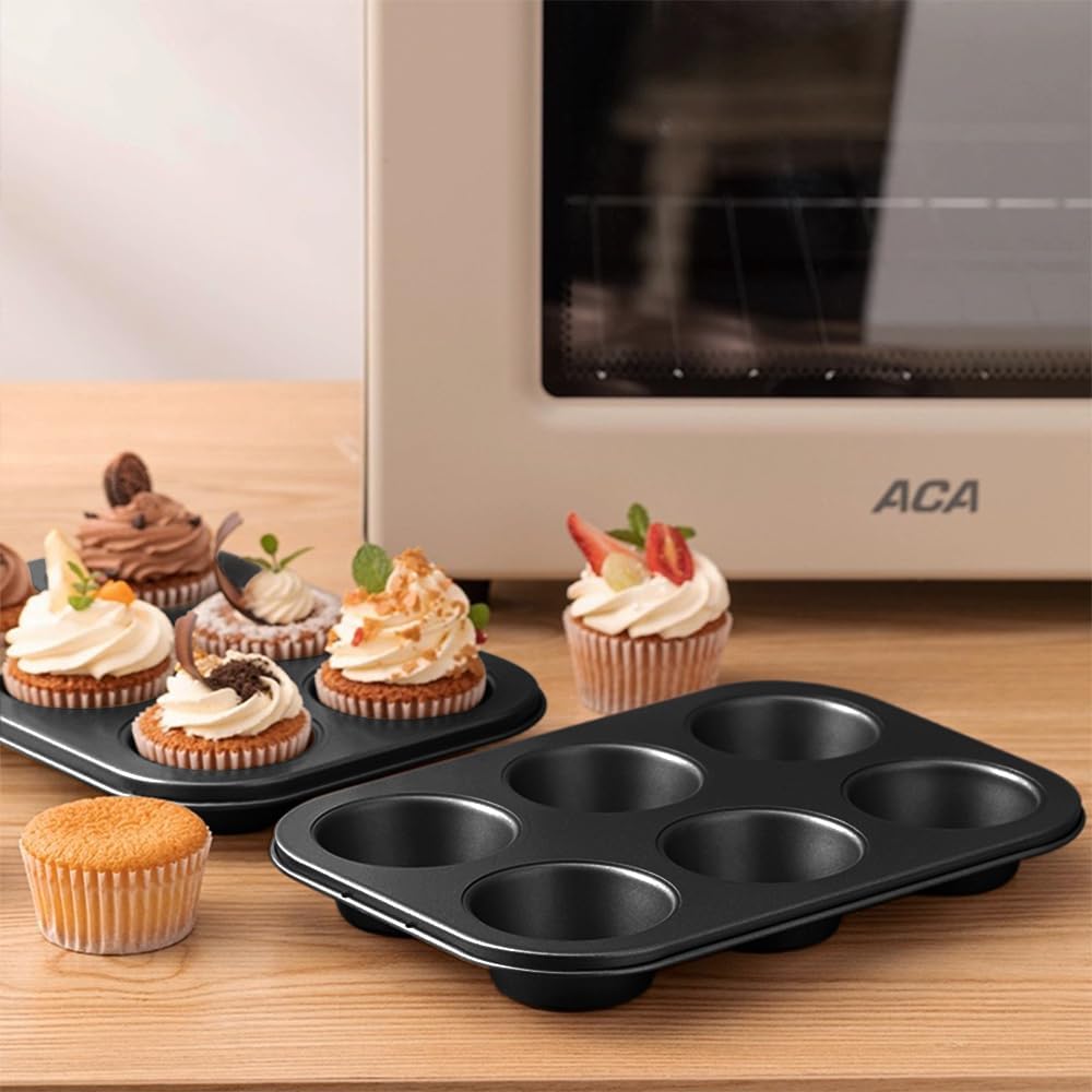 Premium Steel Muffin Pan by [Brand Name] - 2 Pack Round Baking Tray for Muffins & Cupcakes | Black, 6 Cup