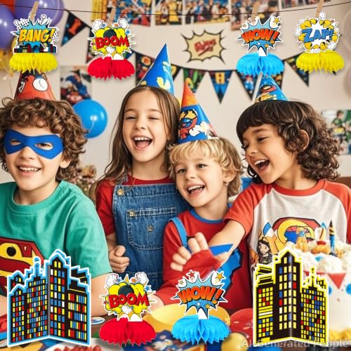 10 Pcs Hero Themed Honeycomb Centerpieces for Superhero Birthday Parties