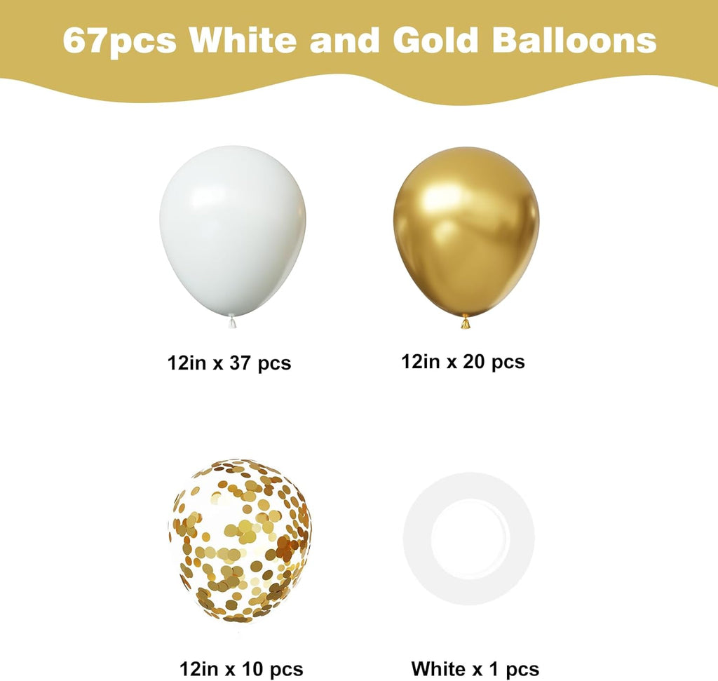 YMSZ White and Gold Confetti Balloons - 67pcs 12 Inch Latex Balloons for Birthday & Wedding Decor