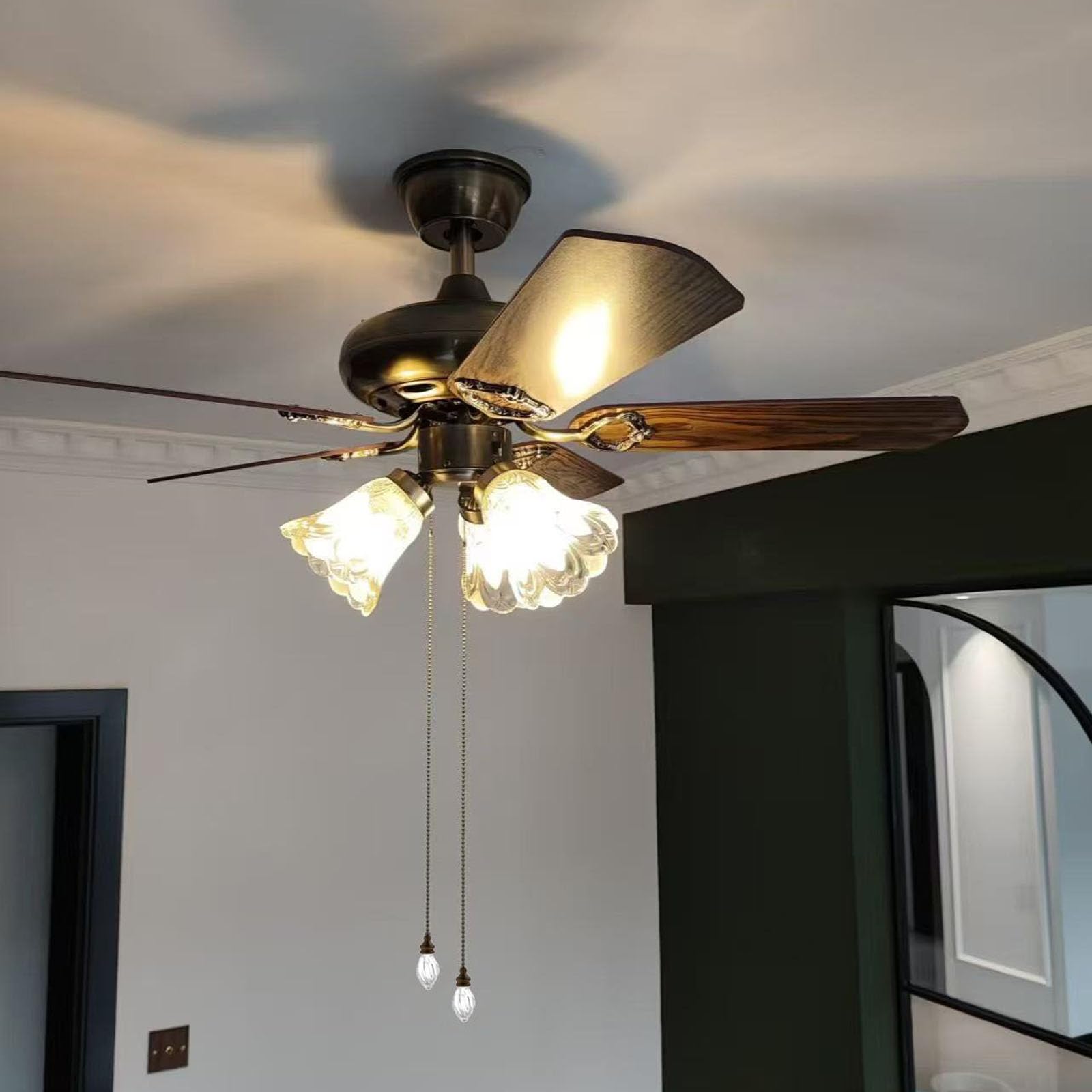 RUIAN 2 Pcs Decorative Fan Pull Chain Ornament Set Lamp Pull Extension for Light Fan with 12 Inch Bronze Chains and Crystal Glass Pendant Decor.