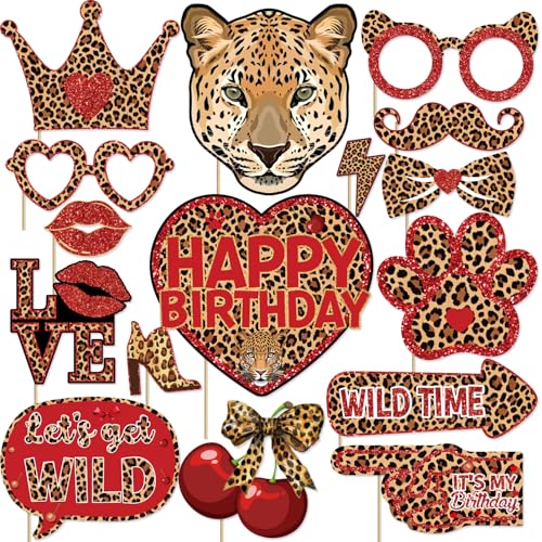 Cheetah and Cherry Photo Booth Props Kit – 16-Piece Birthday Party Decor