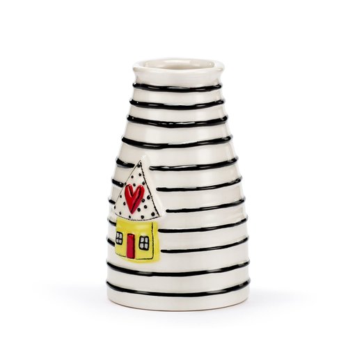 DEMDACO Black Stripe Yellow House with Heart 3 x 5 Stoneware Mini Decorative Vase